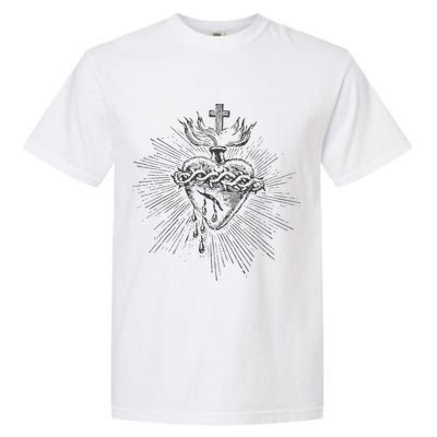 Devotion To The Sacred Heart Of Jesus Vintage Catholic Art Garment-Dyed Heavyweight T-Shirt