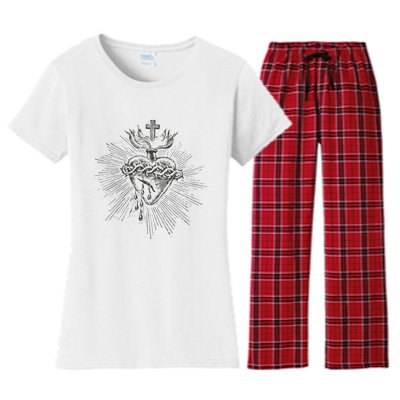 Devotion To The Sacred Heart Of Jesus Vintage Catholic Art Women's Flannel Pajama Set