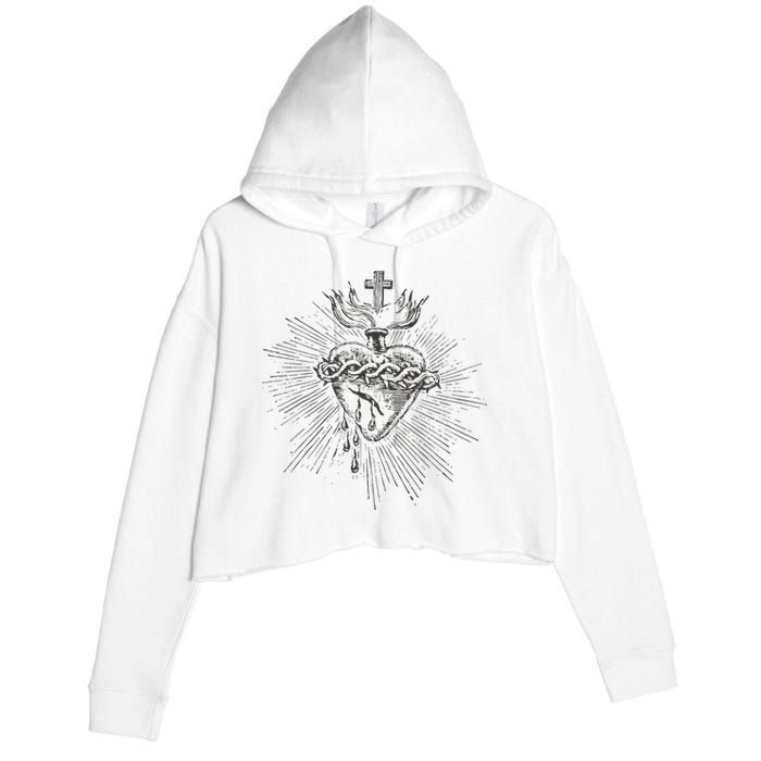 Devotion To The Sacred Heart Of Jesus Vintage Catholic Art Crop Fleece Hoodie