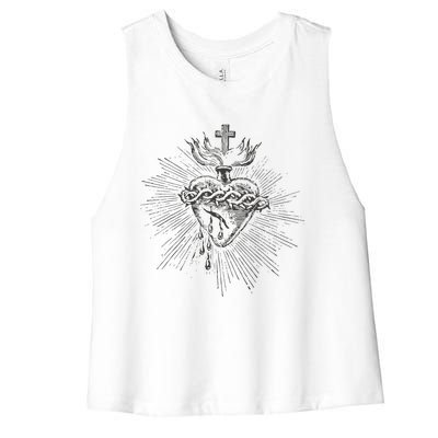 Devotion To The Sacred Heart Of Jesus Vintage Catholic Art Women's Racerback Cropped Tank