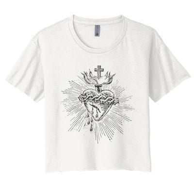 Devotion To The Sacred Heart Of Jesus Vintage Catholic Art Women's Crop Top Tee