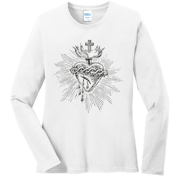 Devotion To The Sacred Heart Of Jesus Vintage Catholic Art Ladies Long Sleeve Shirt