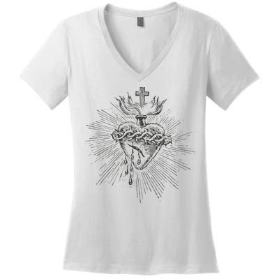 Devotion To The Sacred Heart Of Jesus Vintage Catholic Art Women's V-Neck T-Shirt