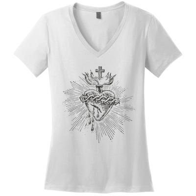 Devotion To The Sacred Heart Of Jesus Vintage Catholic Art Women's V-Neck T-Shirt