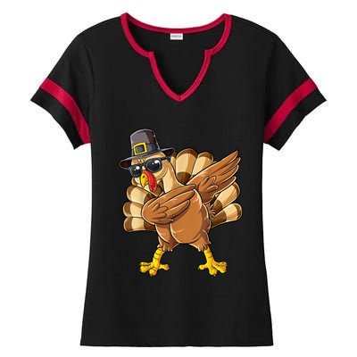 Dabbing Turkey Thanksgiving Day Pilgrim Funny Dab Ladies Halftime Notch Neck Tee