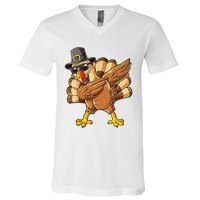 Dabbing Turkey Thanksgiving Day Pilgrim Funny Dab V-Neck T-Shirt