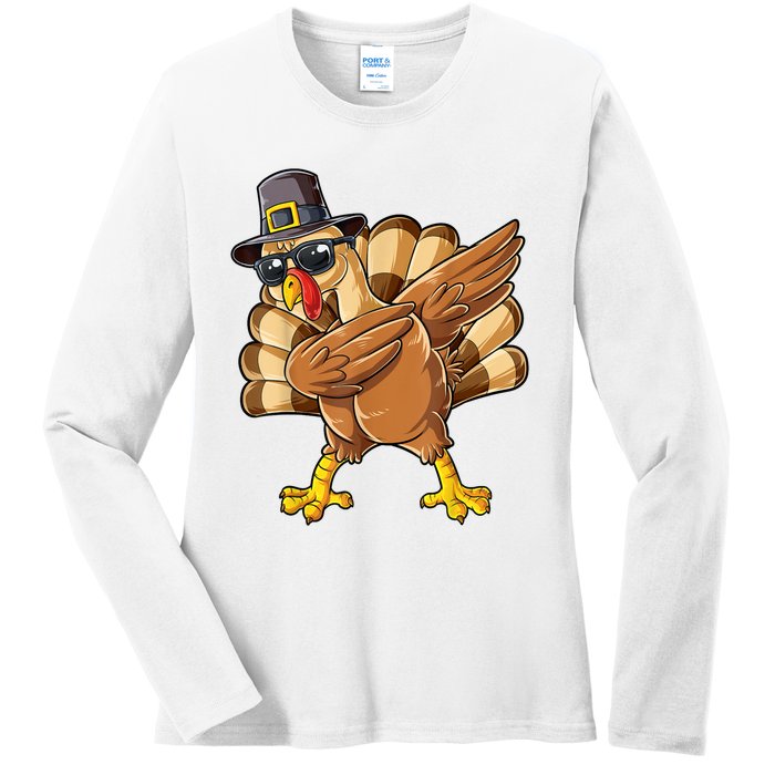 Dabbing Turkey Thanksgiving Day Pilgrim Funny Dab Ladies Long Sleeve Shirt