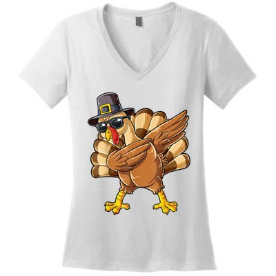 Dabbing Turkey Thanksgiving Day Pilgrim Funny Dab Women's V-Neck T-Shirt