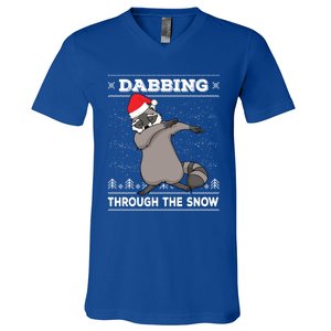 Dabbing Through The Snow Raccoon Dab Ugly Christmas Sweater Cool Gift V-Neck T-Shirt