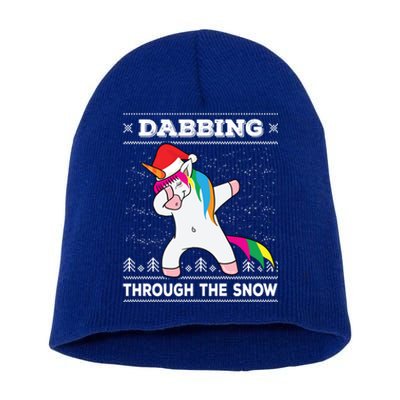 Dabbing Through The Snow Dab Unicorn Ugly Christmas Sweater Gift Short Acrylic Beanie