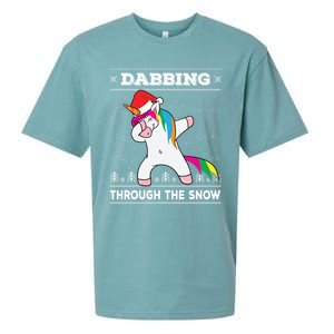 Dabbing Through The Snow Dab Unicorn Ugly Christmas Sweater Gift Sueded Cloud Jersey T-Shirt