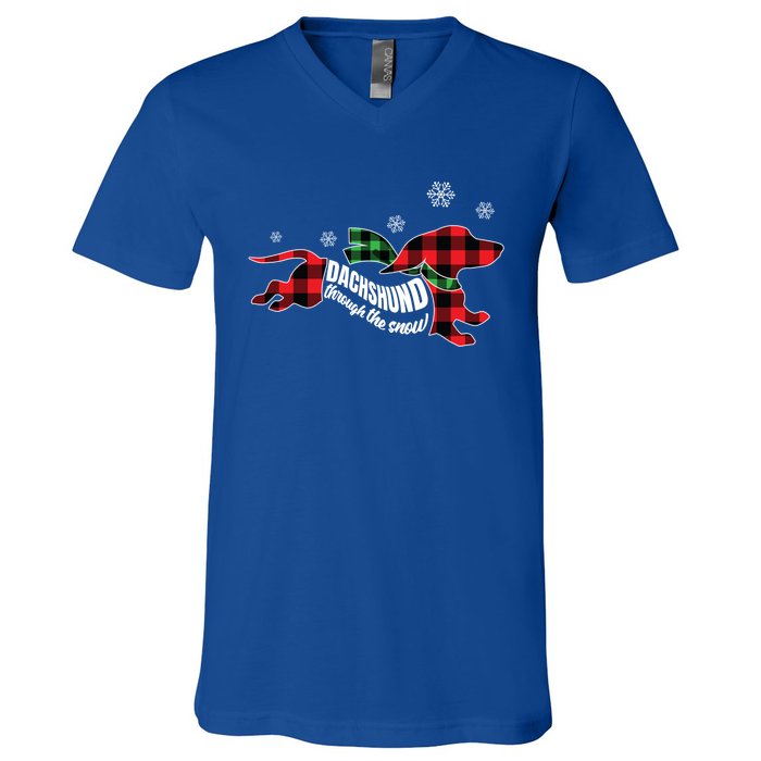 Dachshund Through The Snow Doxie Dog Plaid Christmas Gift V-Neck T-Shirt