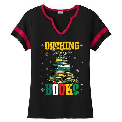 Dashing Through The Books Christmas Book Lovers Librarian Ladies Halftime Notch Neck Tee