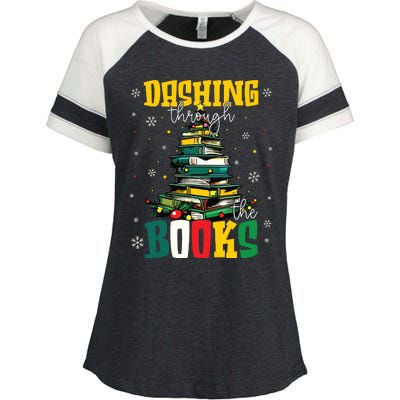 Dashing Through The Books Christmas Book Lovers Librarian Enza Ladies Jersey Colorblock Tee