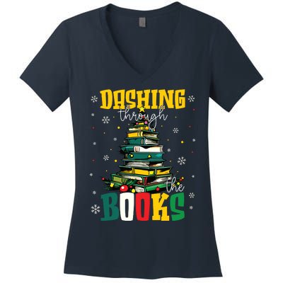 Dashing Through The Books Christmas Book Lovers Librarian Women's V-Neck T-Shirt