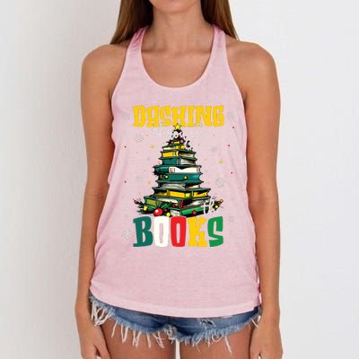 Dashing Through The Books Christmas Book Lovers Librarian Women's Knotted Racerback Tank