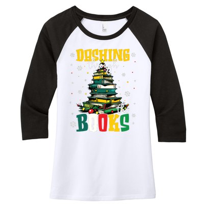 Dashing Through The Books Christmas Book Lovers Librarian Women's Tri-Blend 3/4-Sleeve Raglan Shirt