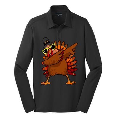 Dabbing Turkey, Thanksgiving Funny Cute Silk Touch Performance Long Sleeve Polo