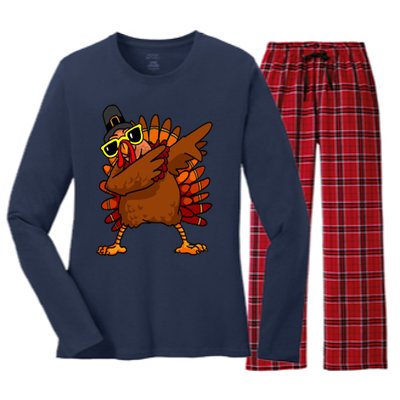 Dabbing Turkey, Thanksgiving Funny Cute Women's Long Sleeve Flannel Pajama Set 