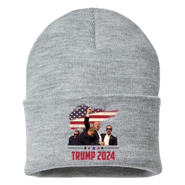 Donald Trump Usa Flag Fist Fight Election 2024 Sustainable Knit Beanie