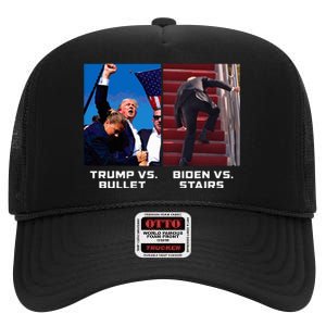 Donald Trump Vs Bullet Biden Vs Stairs Funny Trump Historic High Crown Mesh Back Trucker Hat