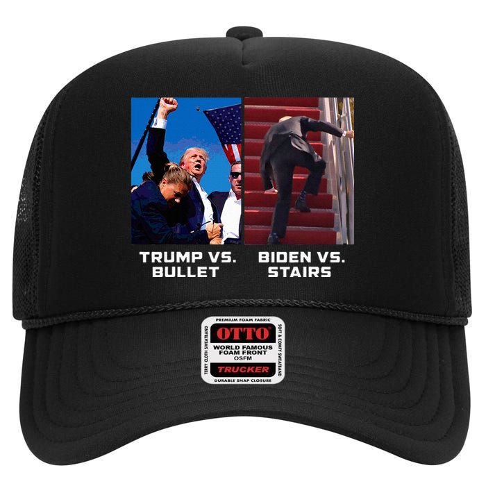 Donald Trump Vs Bullet Biden Vs Stairs Funny Trump Historic High Crown Mesh Back Trucker Hat