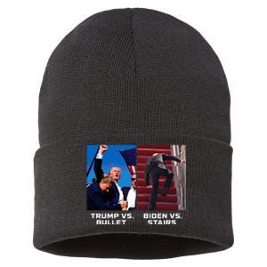 Donald Trump Vs Bullet Biden Vs Stairs Funny Trump Historic Sustainable Knit Beanie