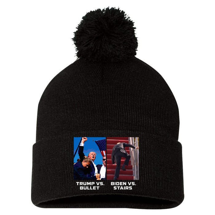 Donald Trump Vs Bullet Biden Vs Stairs Funny Trump Historic Pom Pom 12in Knit Beanie