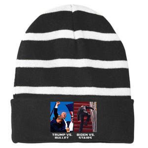 Donald Trump Vs Bullet Biden Vs Stairs Funny Trump Historic Striped Beanie with Solid Band