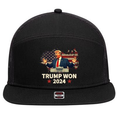 Donald Trump Wins Us Presidency Trump Won 2024 Presidential Election 7 Panel Mesh Trucker Snapback Hat