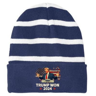 Donald Trump Wins Us Presidency Trump Won 2024 Presidential Election Striped Beanie with Solid Band