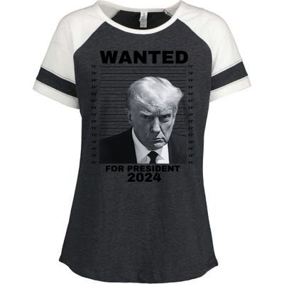 DONALD TRUMP WANTED FOR PRESIDENT 2024 President Trump Mugshot Enza Ladies Jersey Colorblock Tee