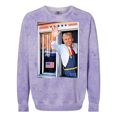 Donald Trump Waving Fast Food Drive Through French Fry Cook Colorblast Crewneck Sweatshirt