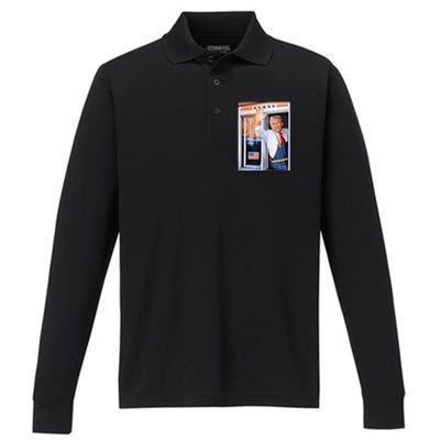 Donald Trump Waving Fast Food Drive Through French Fry Cook Performance Long Sleeve Polo