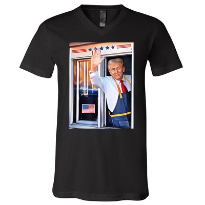 Donald Trump Waving Fast Food Drive Through French Fry Cook V-Neck T-Shirt