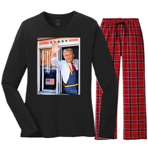 Donald Trump Waving Fast Food Drive Through French Fry Cook Women's Long Sleeve Flannel Pajama Set 