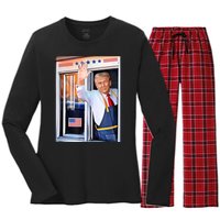 Donald Trump Waving Fast Food Drive Through French Fry Cook Women's Long Sleeve Flannel Pajama Set 