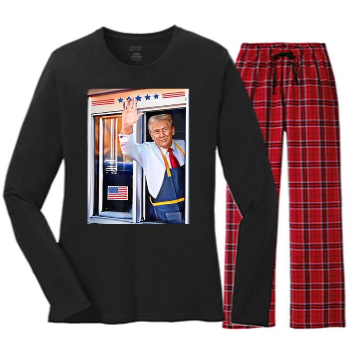 Donald Trump Waving Fast Food Drive Through French Fry Cook Women's Long Sleeve Flannel Pajama Set 