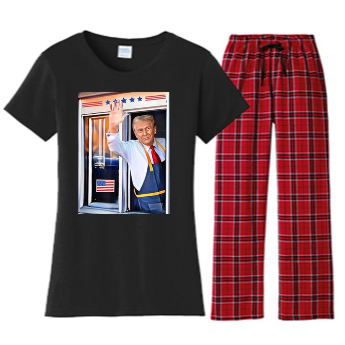 Donald Trump Waving Fast Food Drive Through French Fry Cook Women's Flannel Pajama Set