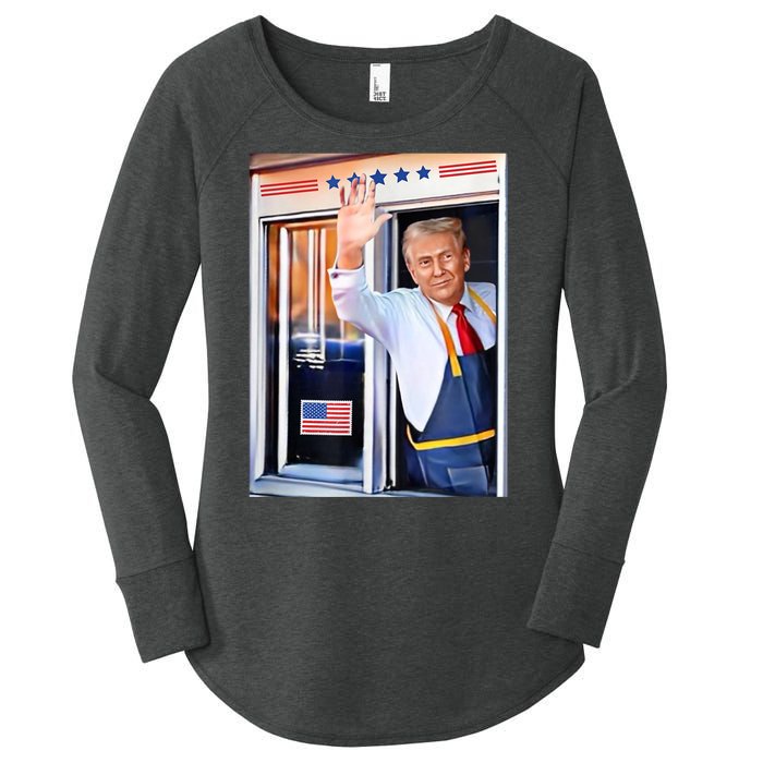 Donald Trump Waving Fast Food Drive Through French Fry Cook Women's Perfect Tri Tunic Long Sleeve Shirt