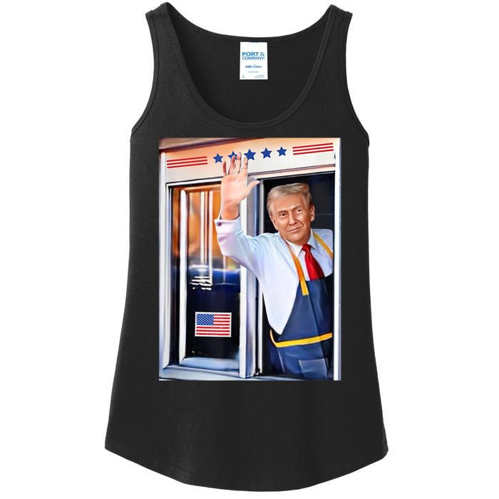 Donald Trump Waving Fast Food Drive Through French Fry Cook Ladies Essential Tank