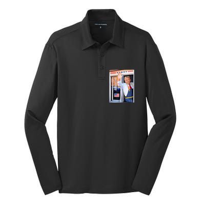 Donald Trump Waving Fast Food Drive Through French Fry Cook Silk Touch Performance Long Sleeve Polo