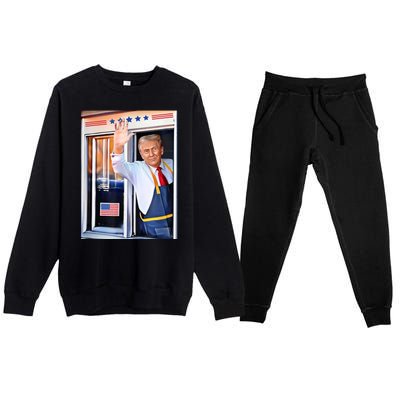 Donald Trump Waving Fast Food Drive Through French Fry Cook Premium Crewneck Sweatsuit Set