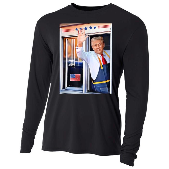 Donald Trump Waving Fast Food Drive Through French Fry Cook Cooling Performance Long Sleeve Crew