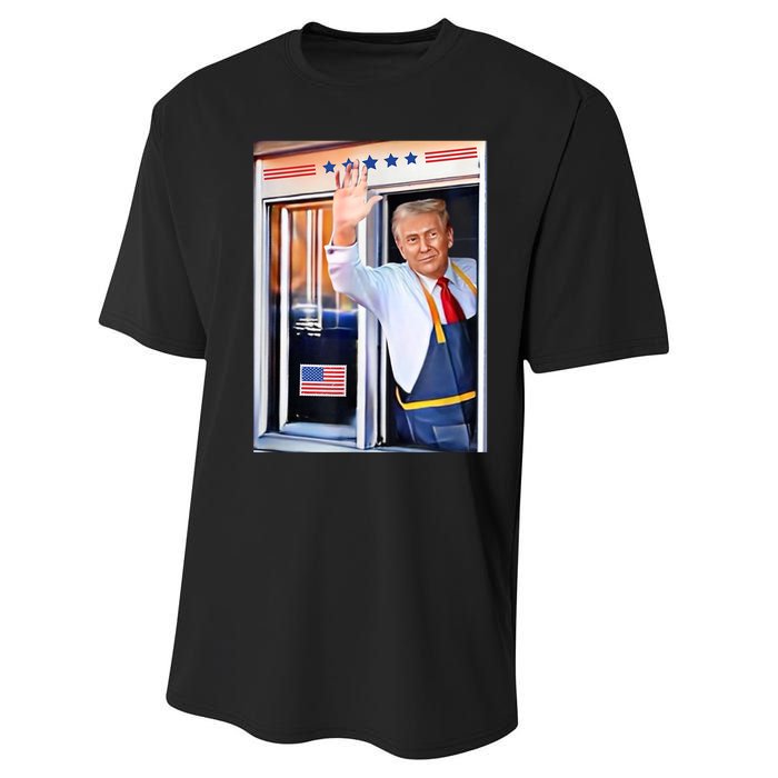 Donald Trump Waving Fast Food Drive Through French Fry Cook Performance Sprint T-Shirt