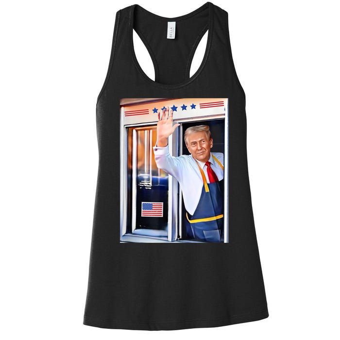 Donald Trump Waving Fast Food Drive Through French Fry Cook Women's Racerback Tank