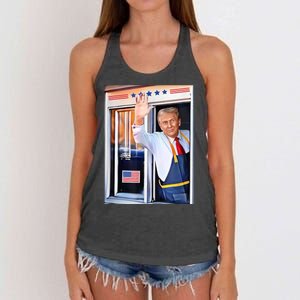 Donald Trump Waving Fast Food Drive Through French Fry Cook Women's Knotted Racerback Tank