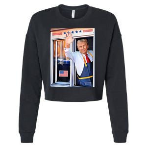 Donald Trump Waving Fast Food Drive Through French Fry Cook Cropped Pullover Crew