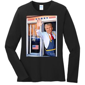 Donald Trump Waving Fast Food Drive Through French Fry Cook Ladies Long Sleeve Shirt