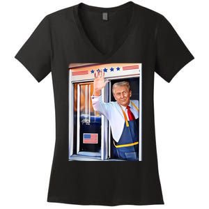 Donald Trump Waving Fast Food Drive Through French Fry Cook Women's V-Neck T-Shirt